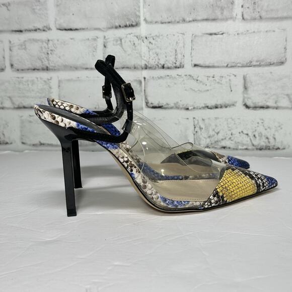 Zara Maximalist Snake Skin Vinyl Slingback Heels Yellow Blue Animal Print Sz 37 - Picture 4 of 8
